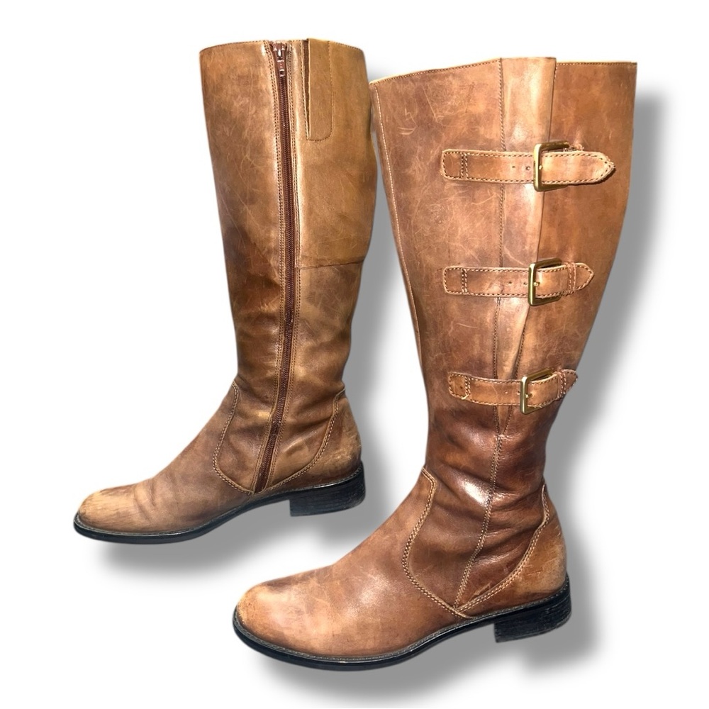 ECCO Brown Leather Tall Riding Boots Triple Buckle Side Zip EU 41 US 10-10.5